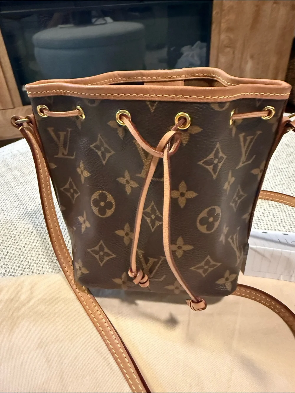 Authentic Louis Vuitton Monogram Nano Noe Crossbody in Brown and Tan